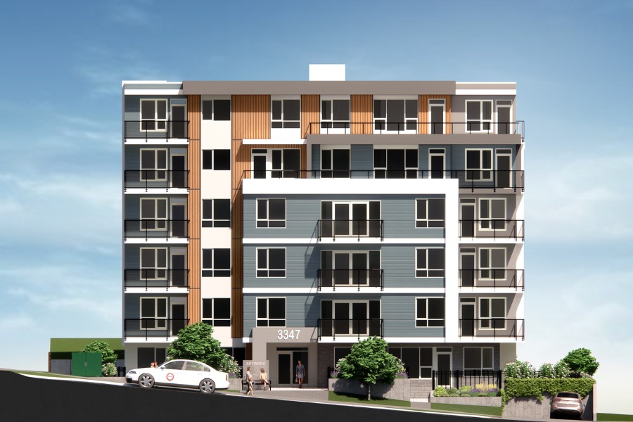 A exterior rendering of 3351 Glasgow Hyland, a commercial project, designed by Alan Lowe Architecture.