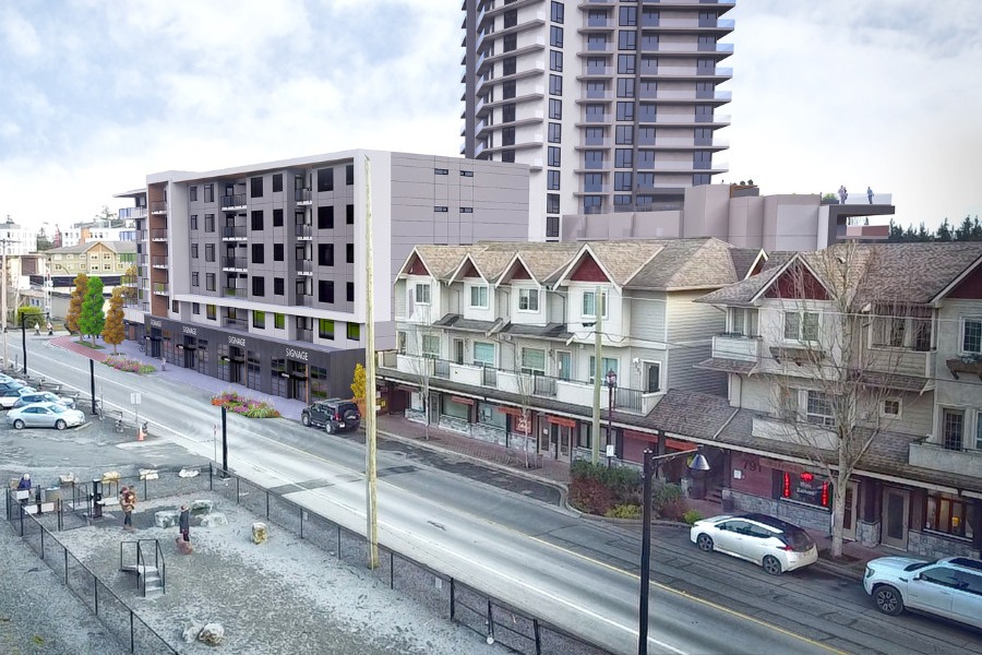 A exterior rendering of the building at Meaford Ave, a commercial project, designed by Alan Lowe Architecture.