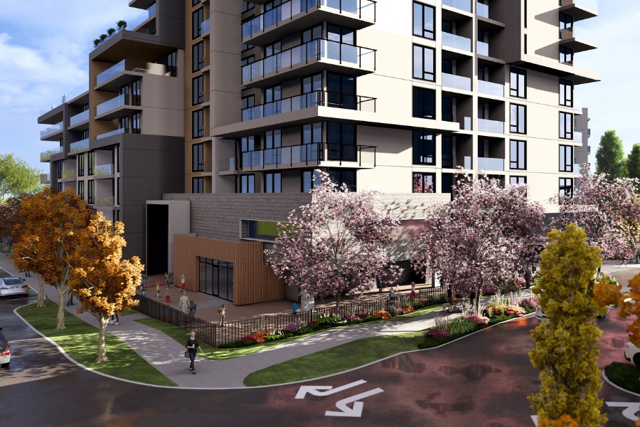 A exterior rendering of the building at Meaford Ave, a commercial project, designed by Alan Lowe Architecture.