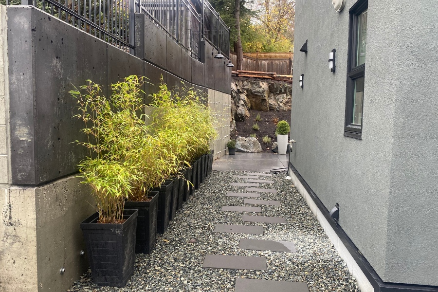 827 Oak Shade Lane's exterior view featuring the lanscaping, designed by Alan Lowe Architecture.